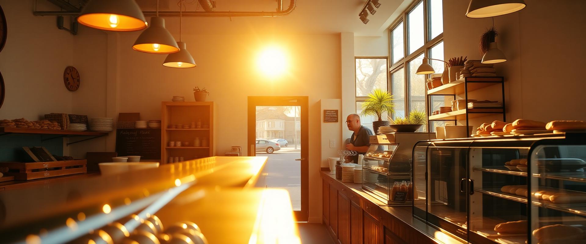 A small business owner welcoming customers in a sunlit storefront